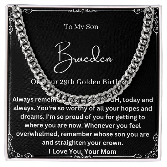 Personalized Cuban Chain Son Gift From Mom on 29th Birthday, Unique Custom Gift Idea for Son Turning 29, From Mom to 29 Years Old Son