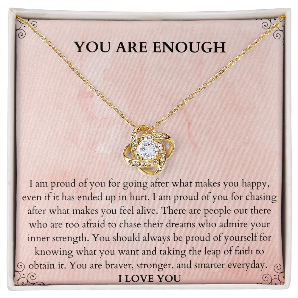 Affirm Gift for Bestie. You are enough. You are loved. Gift Idea for Bestie. Love Knot Affirm Necklace. Words of Wisdom Gift. Gift of Encouragement.